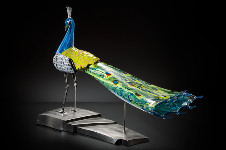 Karen Willenbrink-Johnsen; Peacock, 2015; Blown glass and steel; 26 x 35 x 16 inches; Photo by KP Studio.